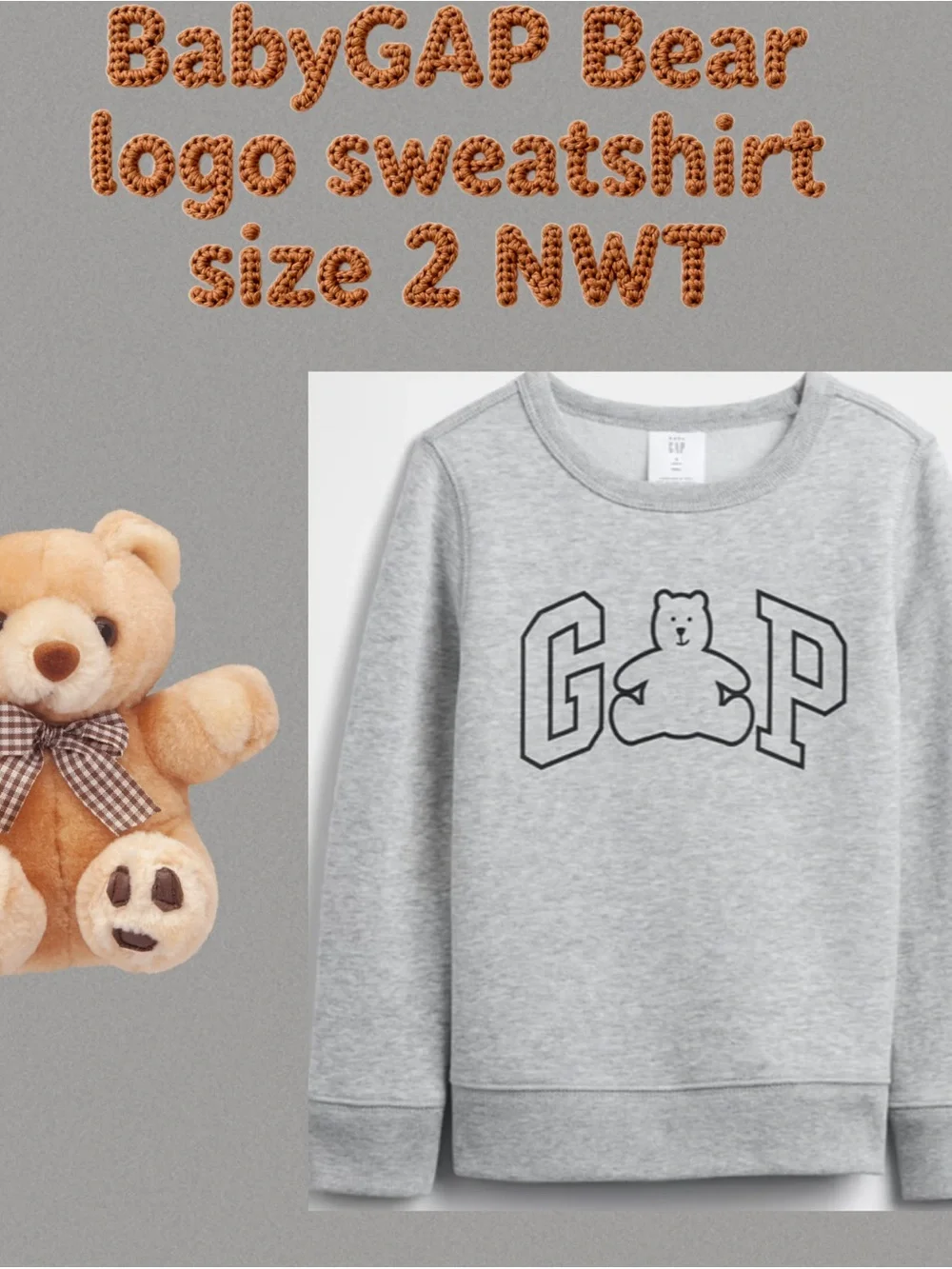 BabyGAP Kids' Gray Bear Logo Sweatshirt Size 2 NWT